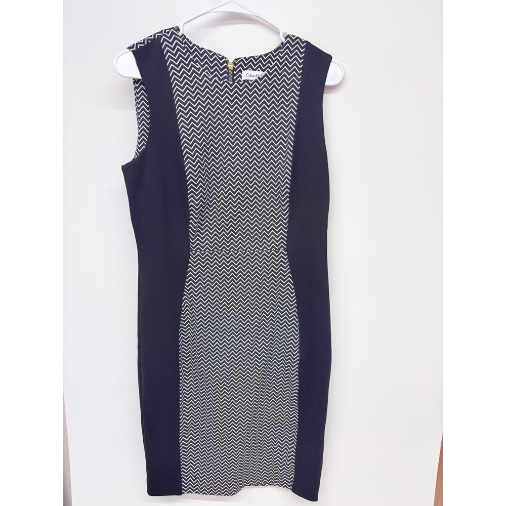 OfficeSiren Mod Sheath Dress Women 10 Black Chevron Gold Zip CorporateChic 90s